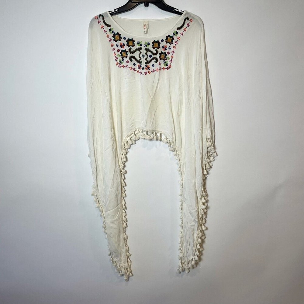 Anthro RAGA Sedona Tunic Flared Sleeve Boho Top XS White Embroidered Fringe